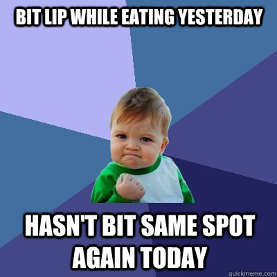 bit lip while eating yesterday hasn't bit same spot again today  Success Kid