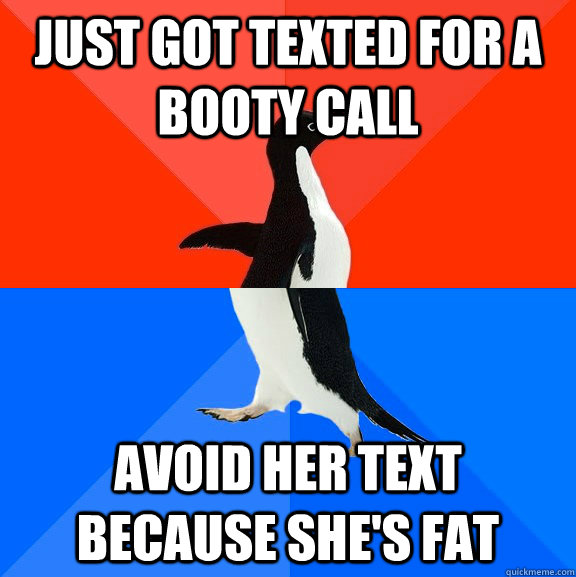 Just got texted for a booty call Avoid her text because she's fat  Socially Awesome Awkward Penguin
