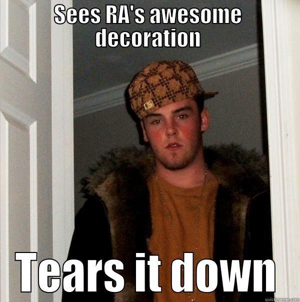 Floor Decorations Meme - SEES RA'S AWESOME DECORATION TEARS IT DOWN Scumbag Steve