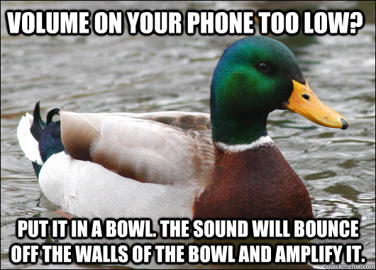 Volume on your phone too low? put it in a bowl. the sound will bounce off the walls of the bowl and amplify it.  Actual Advice Mallard