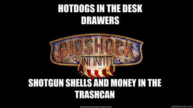 Hotdogs in the desk drawers Shotgun shells and money in the trashcan - Hotdogs in the desk drawers Shotgun shells and money in the trashcan  bioshock wont come out