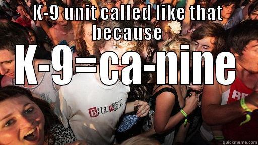 K-9 UNIT CALLED LIKE THAT BECAUSE K-9=CA-NINE Sudden Clarity Clarence