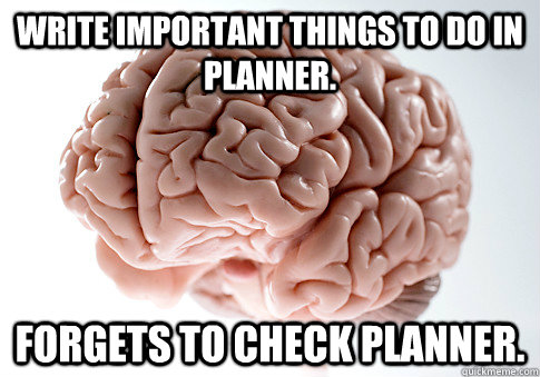 write important things to do in planner. forgets to check planner.  Scumbag Brain