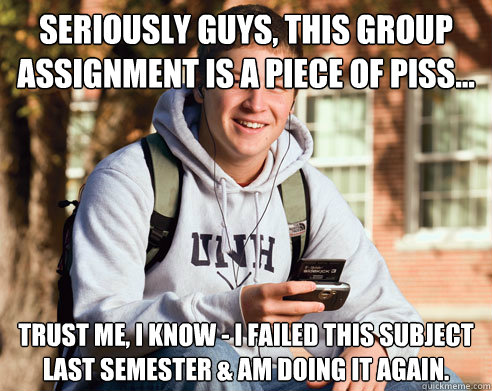 Seriously guys, this group assignment is a piece of piss... Trust me, i know - i failed this subject last semester & am doing it again.  College Freshman