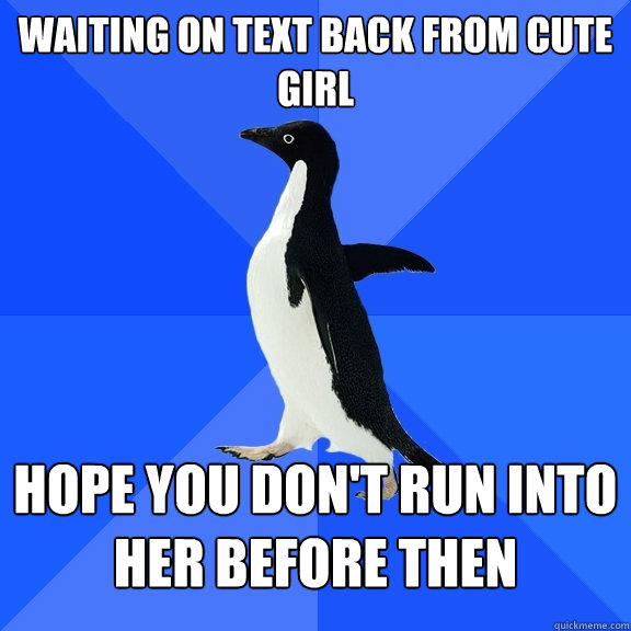 waiting on text back from cute girl hope you don't run into her before then  Socially Awkward Penguin