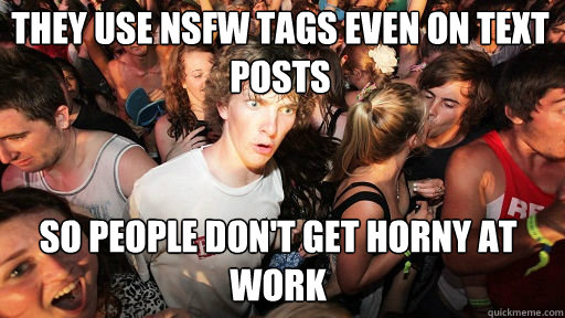 they use nsfw tags even on text posts so people don't get horny at work  Sudden Clarity Clarence