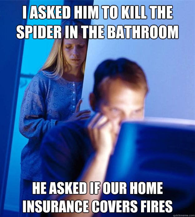 i asked him to kill the spider in the bathroom he asked if our home insurance covers fires  Redditors Wife