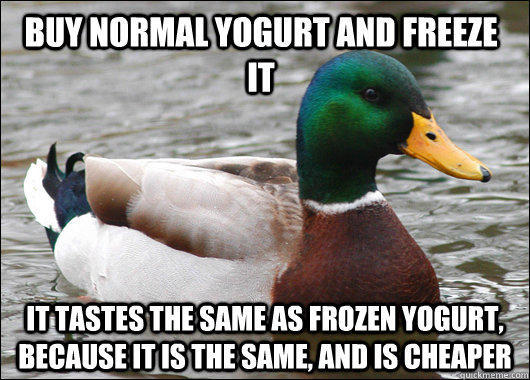 Buy normal yogurt and freeze it  it tastes the same as frozen yogurt, because it is the same, and is cheaper - Buy normal yogurt and freeze it  it tastes the same as frozen yogurt, because it is the same, and is cheaper  Actual Advice Mallard