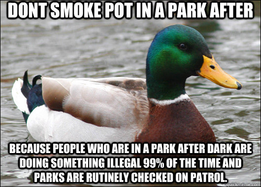 dont smoke pot in a park after because people who are in a park after dark are doing something illegal 99% of the time and parks are rutinely checked on patrol.  Actual Advice Mallard