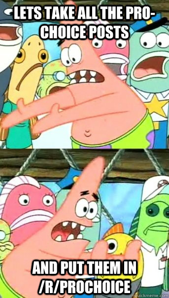 Lets take all the pro-choice posts and put them in /r/prochoice  Push it somewhere else Patrick