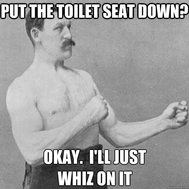 put the toilet seat down? okay.  I'll just 
whiz on it  overly manly man