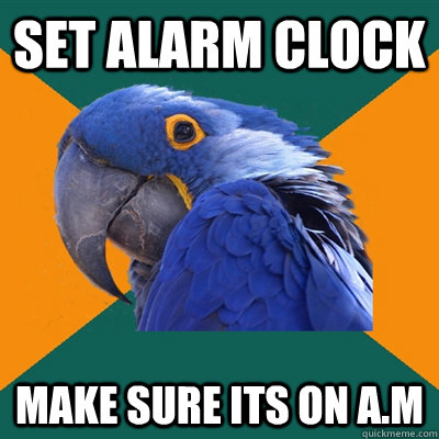 Set alarm clock Make sure its on a.m  Paranoid Parrot