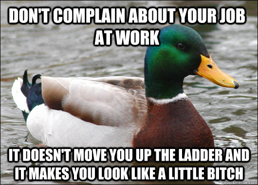 don't complain about your job at work it doesn't move you up the ladder and it makes you look like a little bitch - don't complain about your job at work it doesn't move you up the ladder and it makes you look like a little bitch  Actual Advice Mallard