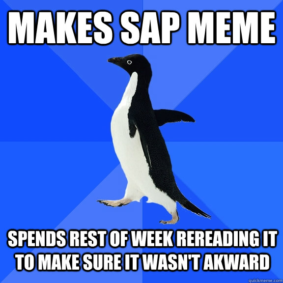 makes sap meme spends rest of week rereading it to make sure it wasn't akward  Socially Awkward Penguin