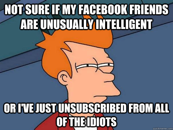 Not sure if my facebook friends are unusually intelligent Or i've just unsubscribed from all of the idiots - Not sure if my facebook friends are unusually intelligent Or i've just unsubscribed from all of the idiots  Futurama Fry