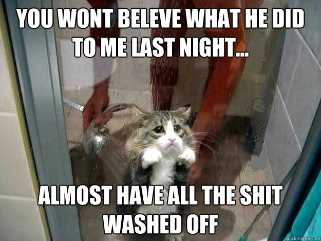 you wont beleve what he did to me last night... almost have all the shit washed off  Shower kitty