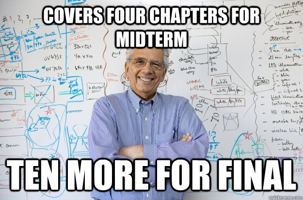 Covers four chapters for midterm ten more for final  Engineering Professor