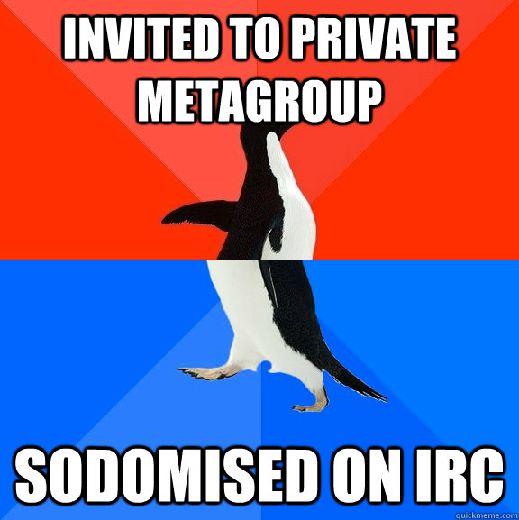 Invited to private metagroup sodomised on irc  Socially Awesome Awkward Penguin