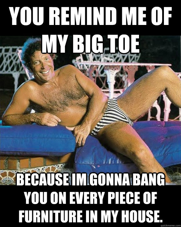 you remind me of my big toe because im gonna bang you on every piece of furniture in my house.  tom jones