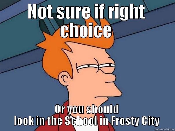 NOT SURE IF RIGHT CHOICE OR YOU SHOULD LOOK IN THE SCHOOL IN FROSTY CITY Futurama Fry