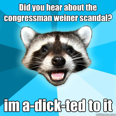 Did you hear about the congressman weiner scandal? im a-dick-ted to it  Lame Pun Coon