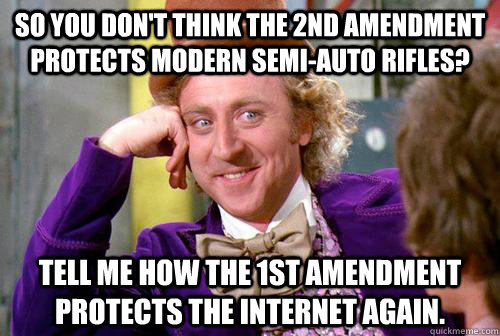 So you don't think the 2nd amendment protects modern semi-auto rifles? tell me how the 1st amendment protects the internet again. - So you don't think the 2nd amendment protects modern semi-auto rifles? tell me how the 1st amendment protects the internet again.  willy wonka 2nd amendment