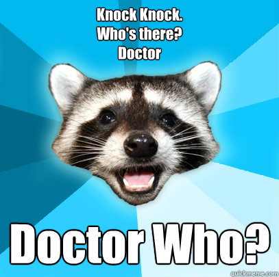 Knock Knock.
Who's there? 
Doctor Doctor Who?  Lame Pun Coon