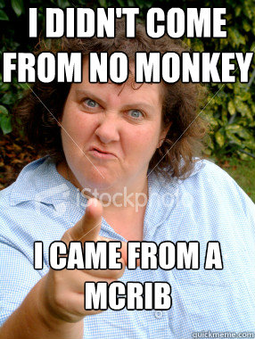 I didn't come from no monkey I came from a McRib  Defensive Fat Woman