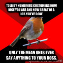 Told by numerous customers how nice you are and how great of a job you've done Only the mean ones ever say anything to your boss.  retail robin