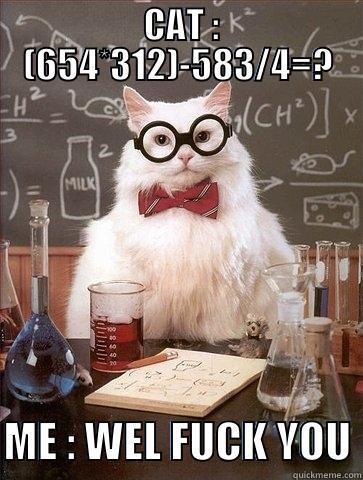  CAT : (654*312)-583/4=?  ME : WEL FUCK YOU Chemistry Cat