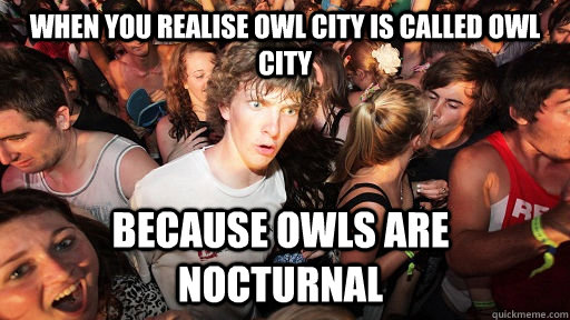 when you realise owl city is called owl city because owls are nocturnal   Sudden Clarity Clarence