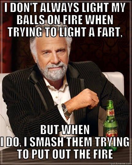 I DON'T ALWAYS LIGHT MY BALLS ON FIRE WHEN TRYING TO LIGHT A FART, BUT WHEN I DO, I SMASH THEM TRYING TO PUT OUT THE FIRE The Most Interesting Man In The World