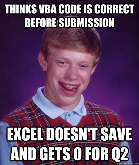 Thinks VBA code is correct before submission Excel doesn't save and gets 0 for q2  Bad Luck Brian