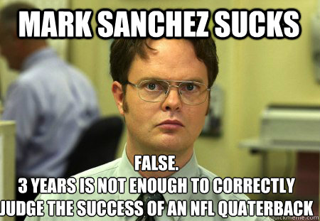 mark sanchez sucks False.
3 years is not enough to correctly judge the success of an nfl quaterback - mark sanchez sucks False.
3 years is not enough to correctly judge the success of an nfl quaterback  Schrute