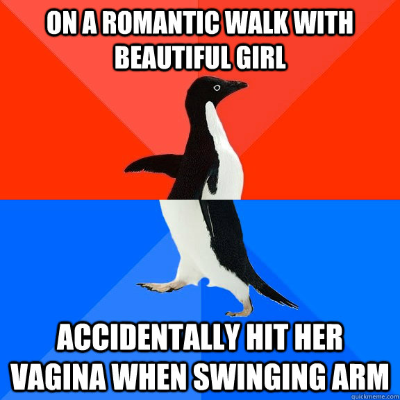 On a romantic walk with beautiful girl Accidentally hit her vagina when swinging arm  Socially Awesome Awkward Penguin