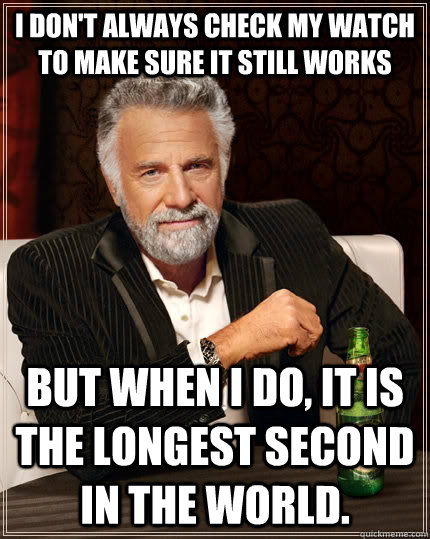 I don't always check my watch to make sure it still works But when I do, it is the longest second in the world.  The Most Interesting Man In The World