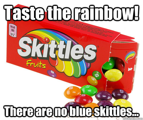 Taste the rainbow! There are no blue skittles...  Deadly Skittles