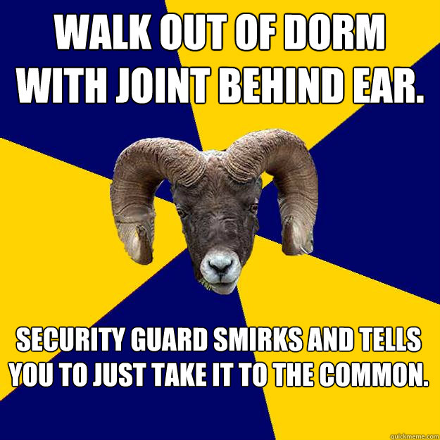 Walk out of dorm with joint behind ear. Security guard smirks and tells you to just take it to the common.   Suffolk Kid Ram