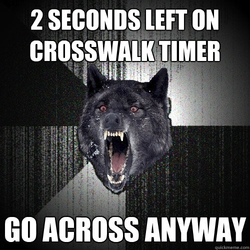 2 Seconds left on Crosswalk timer Go across Anyway  Insanity Wolf