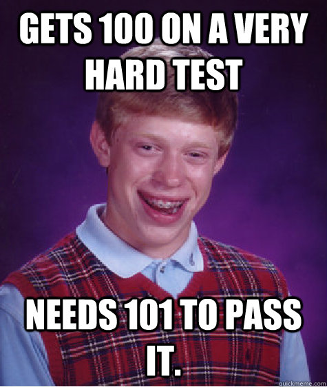 Gets 100 on a very hard test needs 101 to pass it.  Bad Luck Brian