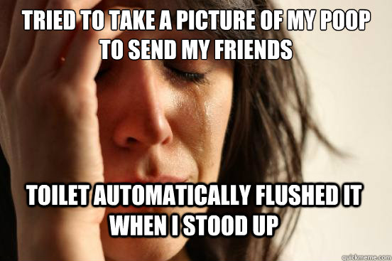 Tried to take a picture of my poop to send my friends toilet automatically flushed it when i stood up - Tried to take a picture of my poop to send my friends toilet automatically flushed it when i stood up  First World Problems
