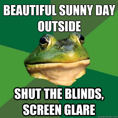 beautiful sunny day
outside shut the blinds, screen glare  Foul Bachelor Frog
