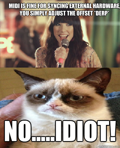 MIDI is fine for syncing external hardware, you simply adjust the offset *derp* no.....Idiot! - MIDI is fine for syncing external hardware, you simply adjust the offset *derp* no.....Idiot!  Carly Rae Jepsen meets Tard the Grumpy Cat