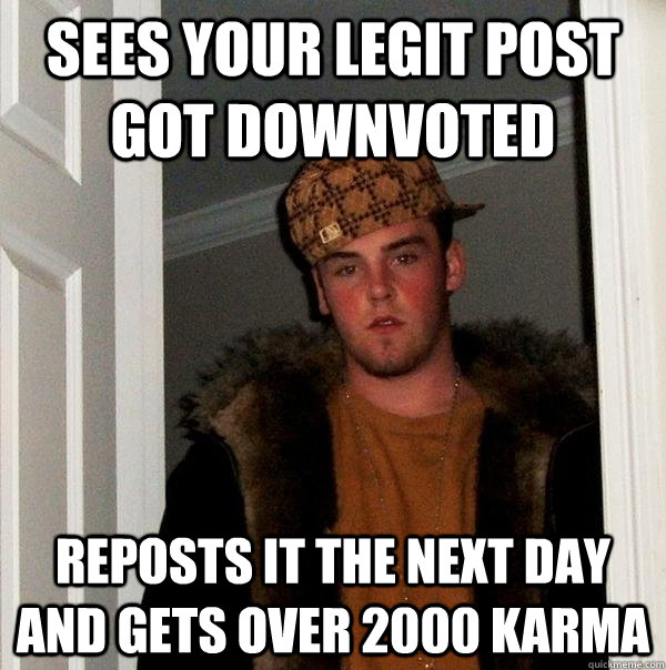 Sees your legit post got downvoted Reposts it the next day and gets over 2000 karma  Scumbag Steve