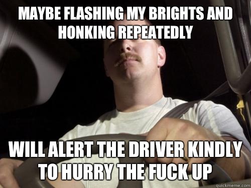 Maybe flashing my brights and honking repeatedly Will alert the driver kindly to hurry the fuck up  Road Rage Ron