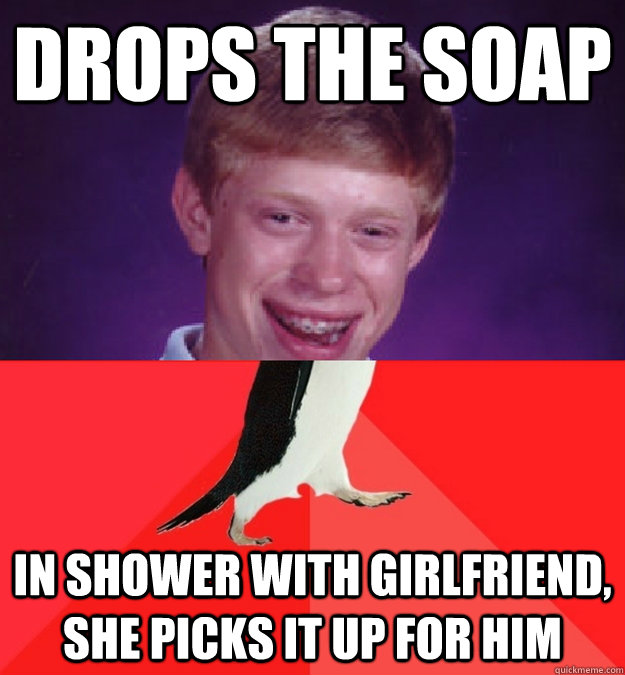 drops the soap in shower with girlfriend, she picks it up for him  