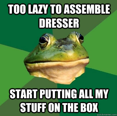 Too lazy to assemble dresser start putting all my stuff on the box  Foul Bachelor Frog