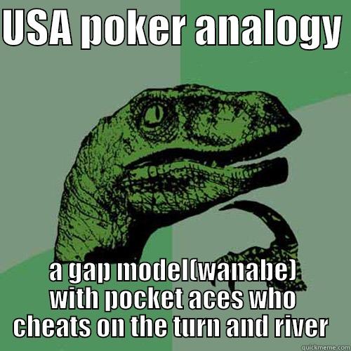 USA POKER ANALOGY  A GAP MODEL(WANABE) WITH POCKET ACES WHO CHEATS ON THE TURN AND RIVER  Philosoraptor