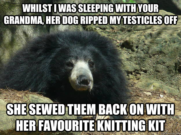 Whilst i was sleeping with your grandma, her dog ripped my testicles off she sewed them back on with her favourite knitting kit - Whilst i was sleeping with your grandma, her dog ripped my testicles off she sewed them back on with her favourite knitting kit  Who can think of the most fucked up 2-line story bear