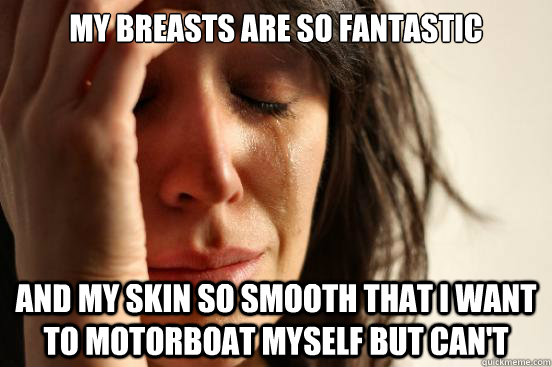 My breasts are so fantastic  and my skin so smooth that I want to motorboat myself but can't  First World Problems